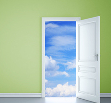 Open door with view of clouds
