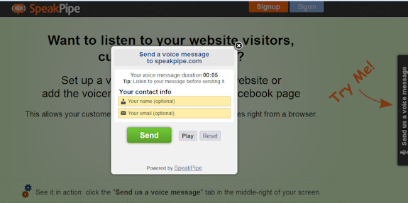 Screen capture of SpeakPipe