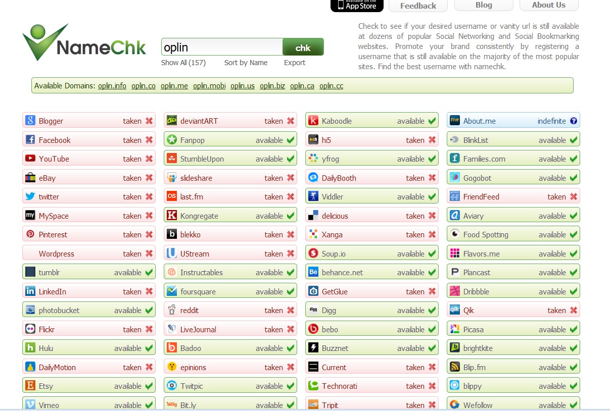 Screenshot of OPLIN using NameChk